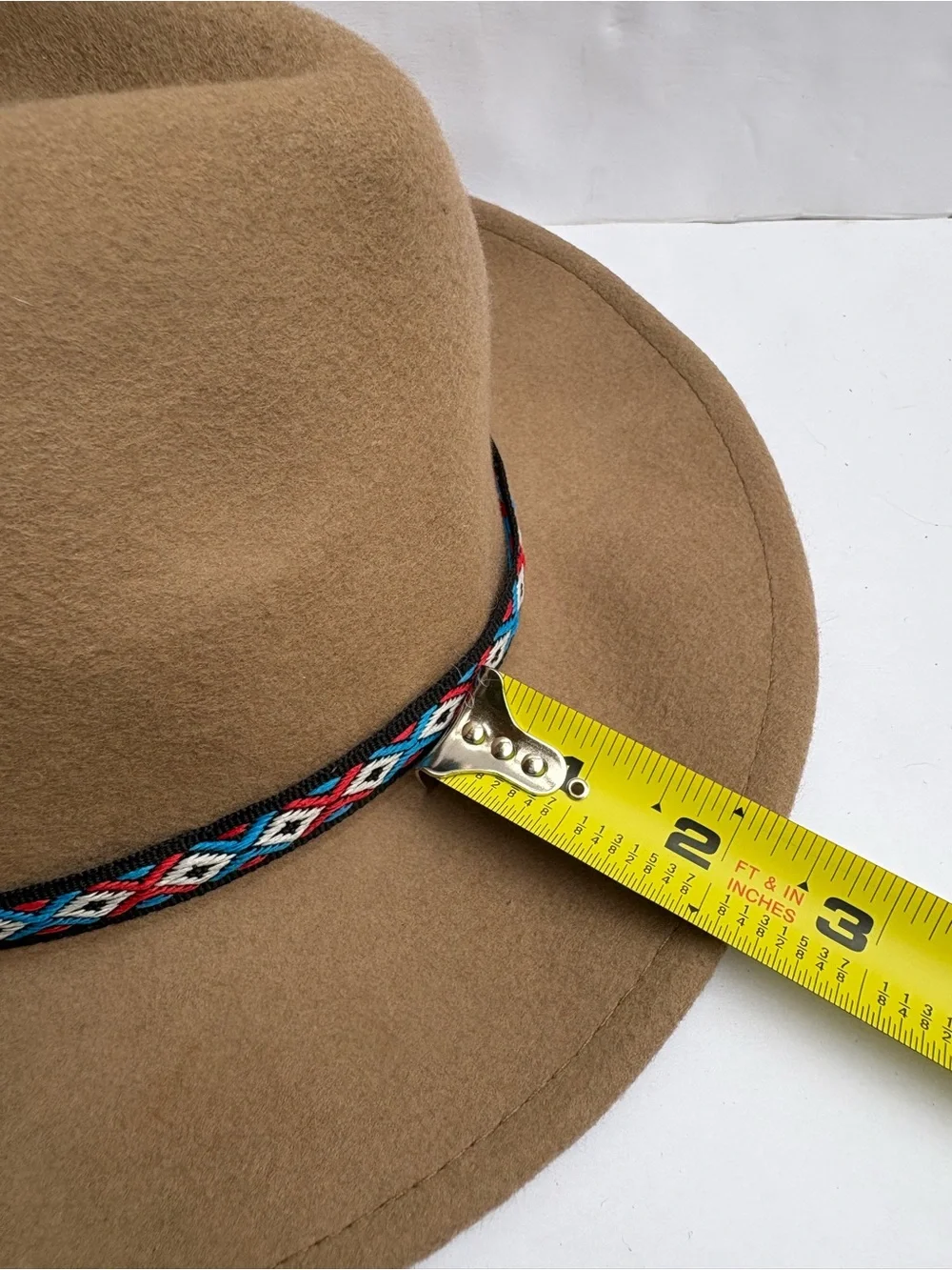 Tan Wool Fedora Hat with Patterned Band - Women Accessories Farmcore